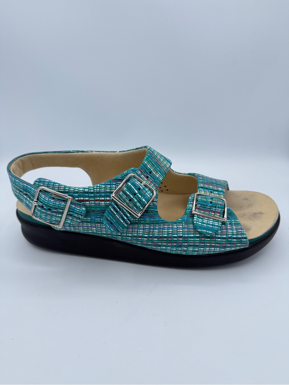 SAS Relaxed Heel Strap Sandal Rainbow Teal Comfort Adjustable Slingback 10.5
